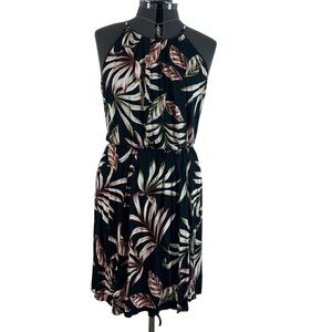 Le Chateau Black and Pink Leaf Print Dress